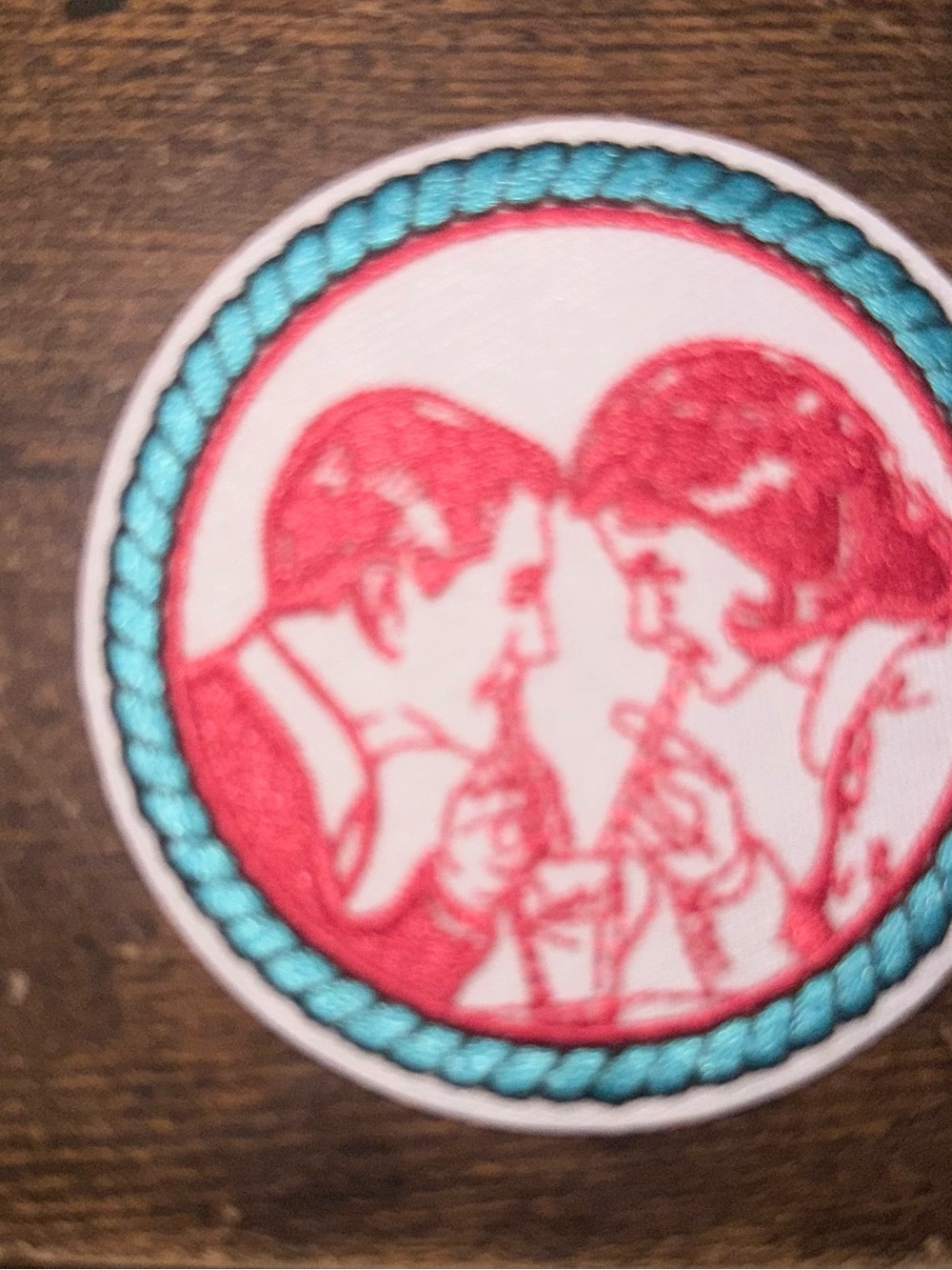 Embroidered Couple Wall Patch in Teal and Red